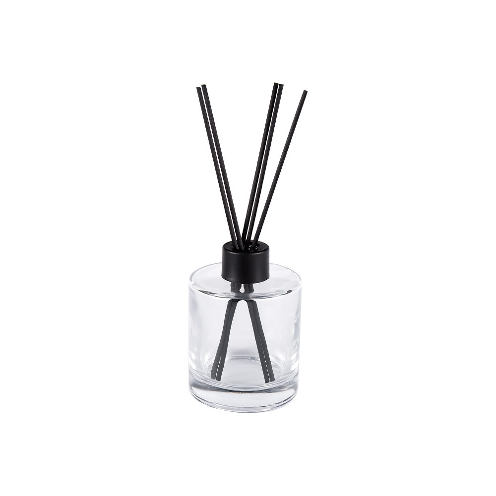 HJ-RX2109 원통형 플린트 유리 디퓨저 병 플라스틱 알루미늄 캡 색상 섬유 스티커