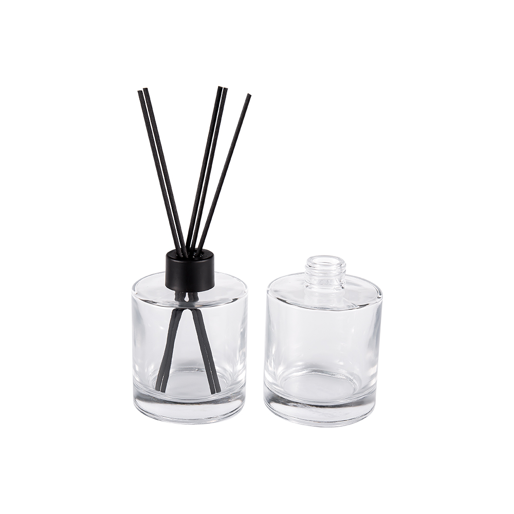 HJ-RX2109 원통형 플린트 유리 디퓨저 병 플라스틱 알루미늄 캡 색상 섬유 스티커