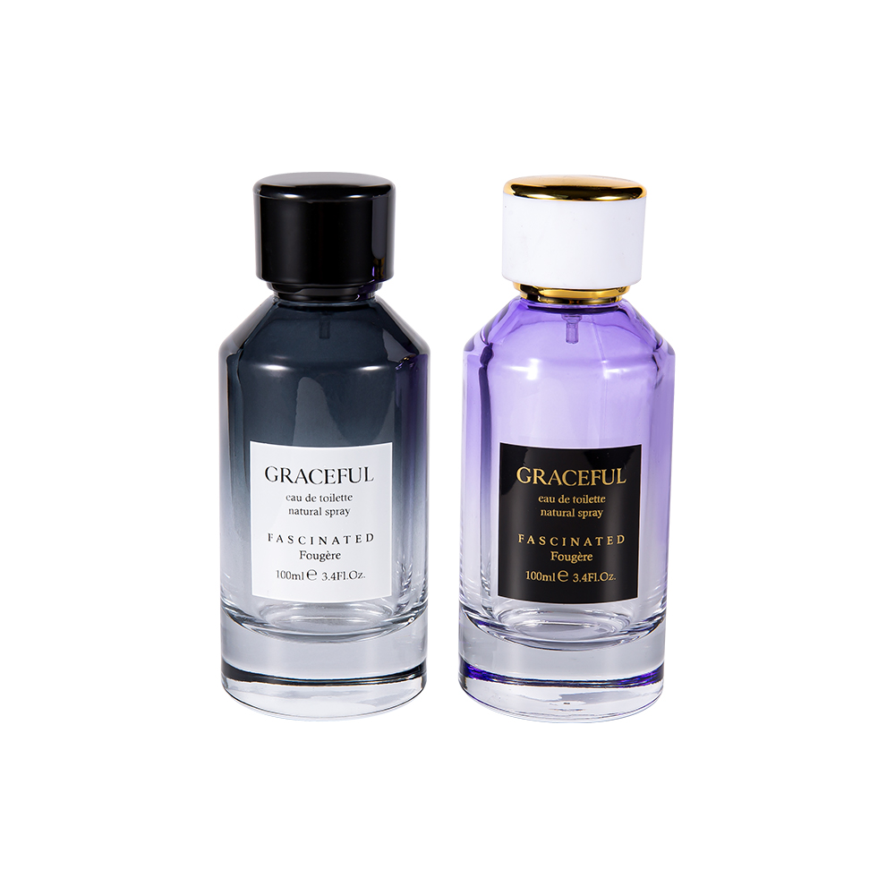 GC4418-WJ2098 가죽 ABS 플라스틱 캡과 UV PP 라이너가 포함된 100ML 컬러 코팅 인쇄 유리 향수병