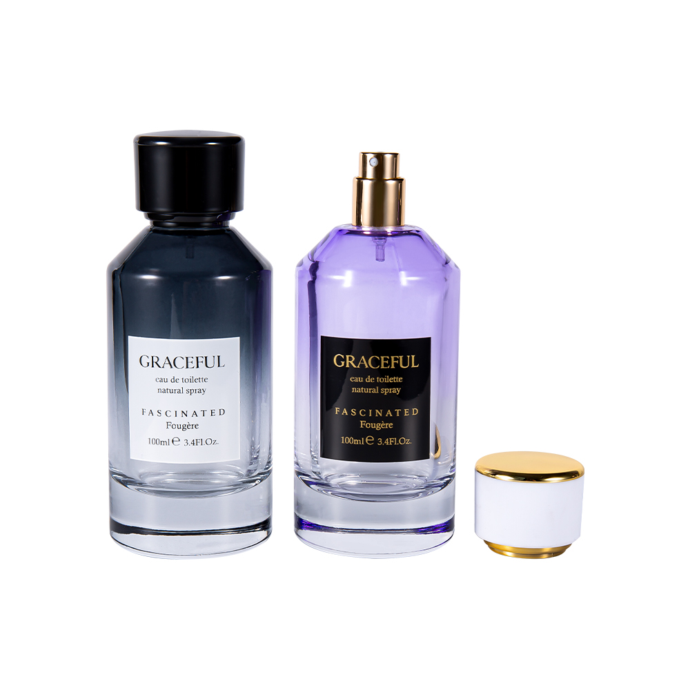 GC4418-WJ2098 가죽 ABS 플라스틱 캡과 UV PP 라이너가 포함된 100ML 컬러 코팅 인쇄 유리 향수병