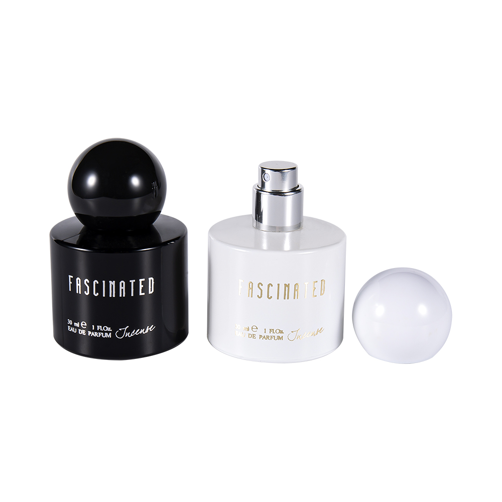 GC4748-WJ2537 30ML 구형 ABS PP 플라스틱 캡이 있는 원통형 코팅 금박 유리 향수병